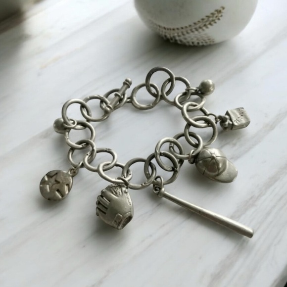 Jim Clift pewter baseball charm toggle clasp bracelet, bat hat ball baseball fan - Picture 1 of 7